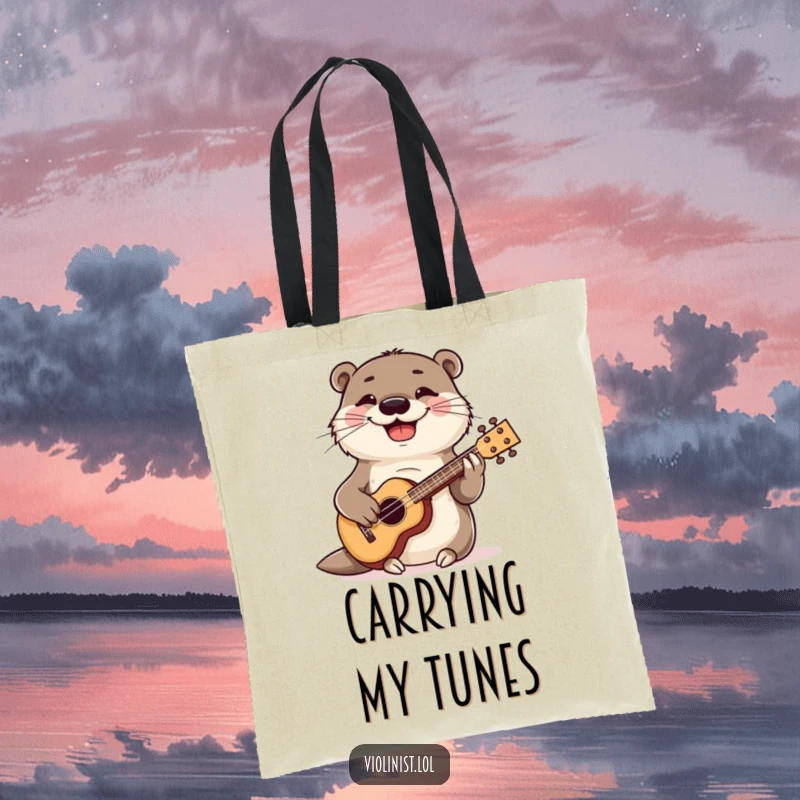 Funny otter with a wide grin, strumming a ukulele, humorous tote bag, musical and practical.