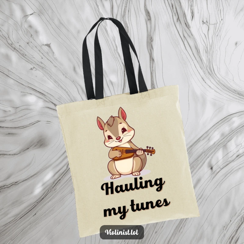 Funny tote bag: An energetic squirrel plays a miniature fiddle, perfect for carrying essentials with a humorous folk music theme.
