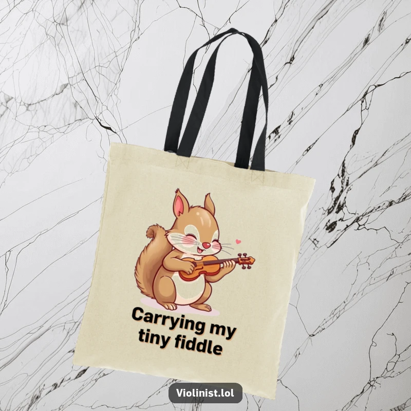 Funny tote bag featuring a playful squirrel energetically sawing a tiny violin, ideal for carrying essentials with a dose of musical humor.