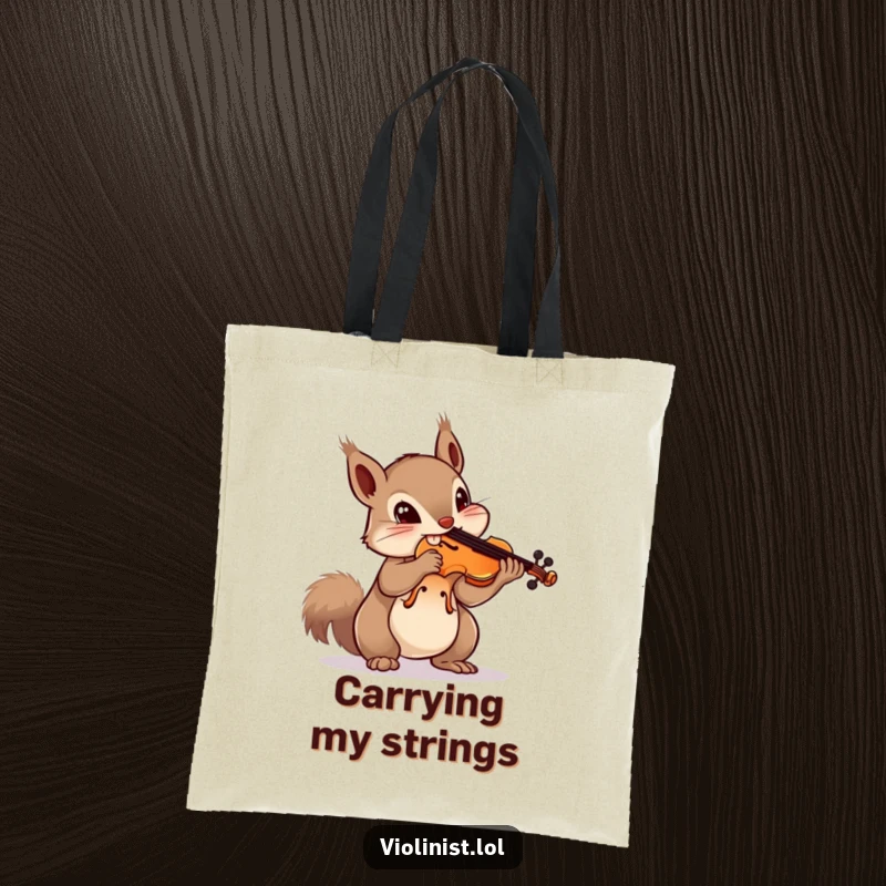 Funny squirrel tote bag showing a curious squirrel attempting to balance a violin on its nose, perfect for carrying music sheets.