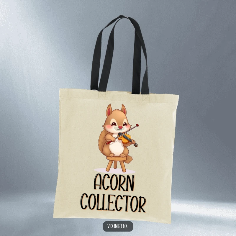 Funny squirrel tote bag with a fluffy rodent playing the violin while balancing on a small stool, a whimsical accessory.