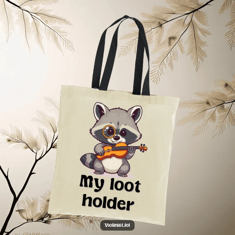 Shy raccoon with a monocle attempting to play a tiny fiddle, printed on a durable tote bag.