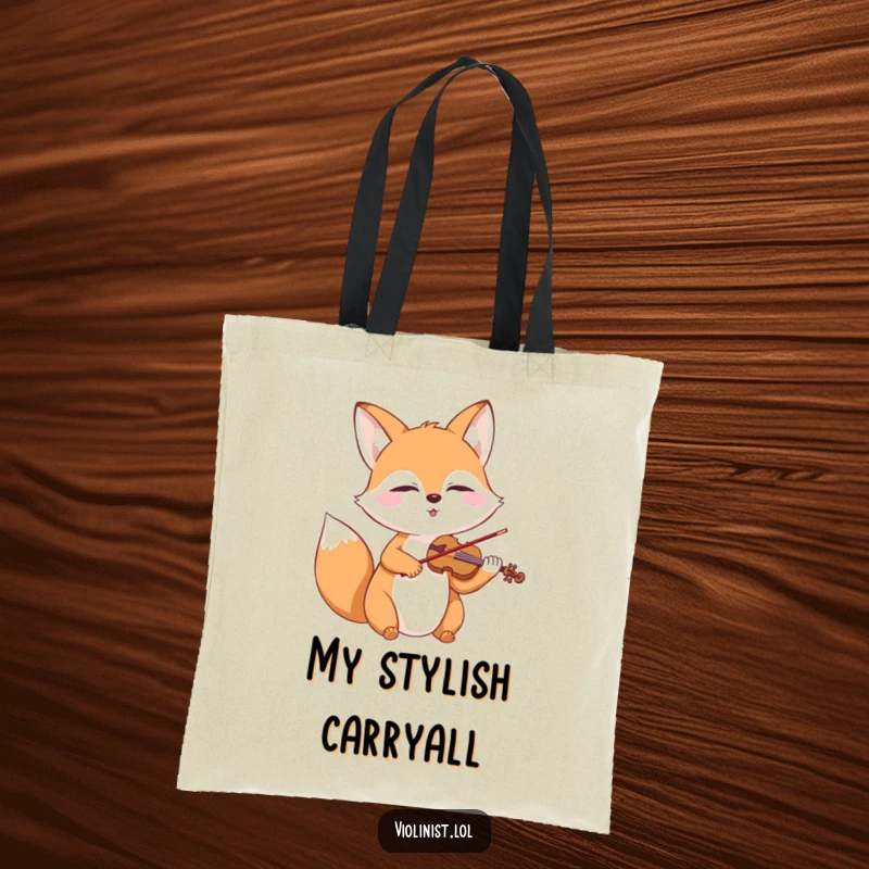 Happy fox playing a miniature violin with closed eyes, printed on a durable tote bag.