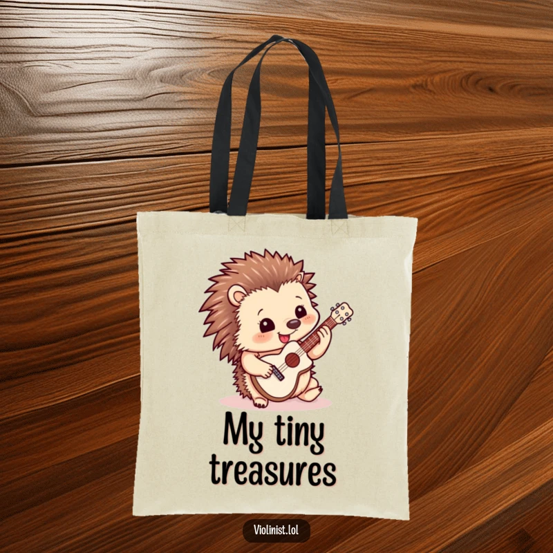 Funny tote bag illustration of a cheerful hedgehog playing a miniature guitar, perfect for carrying your gear with musical flair.
